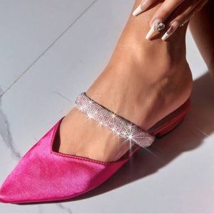NWOT Valentine Day Fashion Rhinestone Decor Point Toe SatinHot Pink Flats
